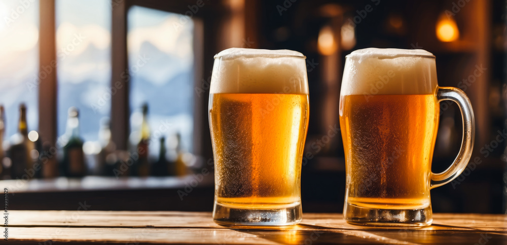Two mugs of light beer with foam standing on a wooden table in a bar or room with windows and sunlight in the background, with space for text, advertising and banner for beer