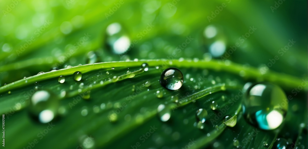 Water drops on green grass, close-up. Nature background