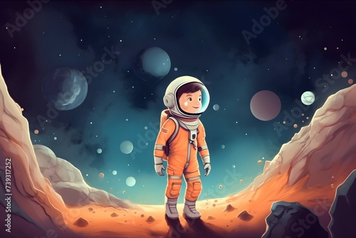 Create a beautiful illustration of a little boy dressed in a spacesuit, walking on a distant planet in the universe, perfect as an illustration for a book. In this captivating image, the little bois photo