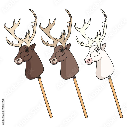 Set of color illustrations with hobby horse deer toy on stick. Isolated vector objects on white background.