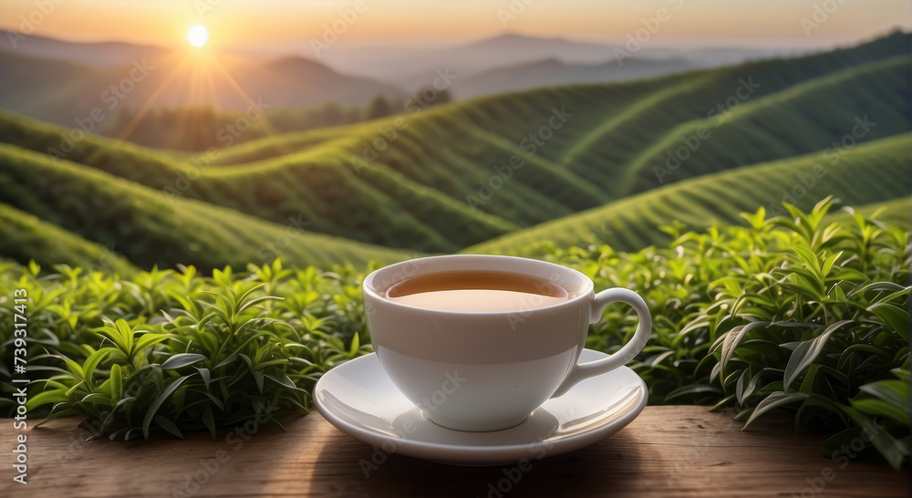 white cup of tea sits amidst lush green tea leaves with a beautiful sunrise illuminating the rolling hills in the background