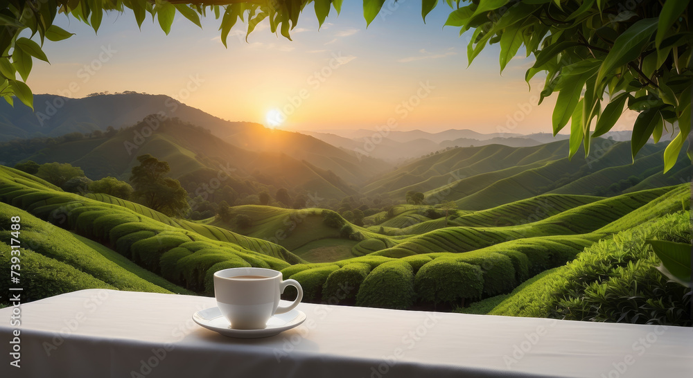 white cup of tea sits amidst lush green tea leaves with a beautiful sunrise illuminating the rolling hills in the background