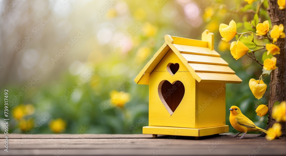 Yellow bird house with the heart shapped entrance on blurred spring outdoor background with copy space