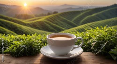 white cup of tea sits amidst lush green tea leaves with a beautiful sunrise illuminating the rolling hills in the background