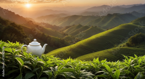 white cup of tea sits amidst lush green tea leaves with a beautiful sunrise illuminating the rolling hills in the background