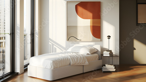 design for cozy modern bedroom, bed room, living room, soft colors. Nice modern french design for a room, catalogue. Beige and grey. Furniture store. Abstract painting on the wall.