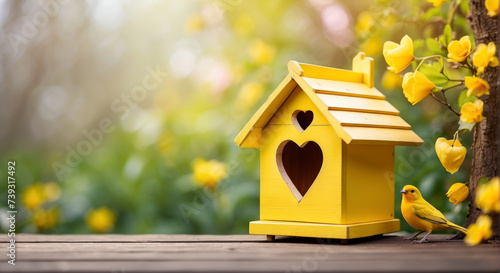 Obraz na płótnie Yellow bird house with the heart shapped entrance on blurred spring outdoor background with copy space w salonie