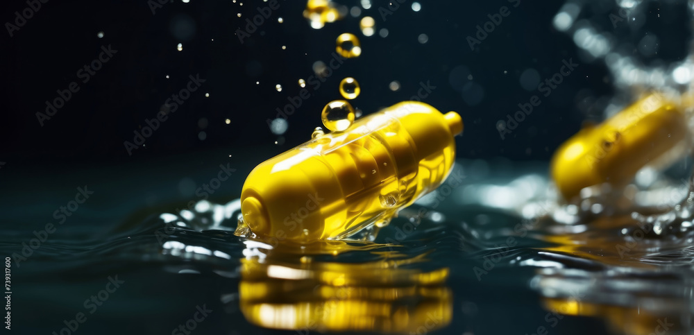 Yellow capsule under water. Vitamin Omega-3 falling into the water