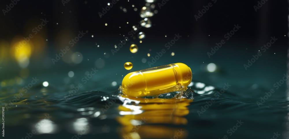 Yellow capsule under water. Vitamin Omega-3 falling into the water