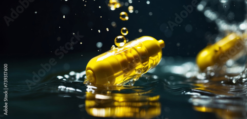 Obraz na płótnie Yellow capsule under water. Vitamin Omega-3 falling into the water w salonie
