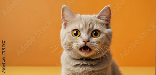 Young crazy funny surprised British short hair cat make big eyes and open mouth closeup on yellow orange background with copy space, funny animal portrait photo