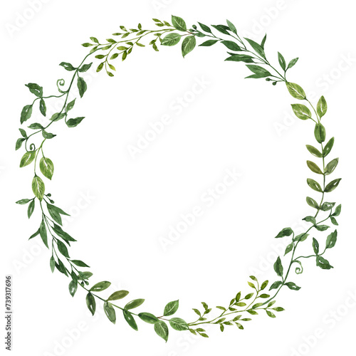 Floral greenery wreath made of green leaves and foliage. Watercolor botanical round frame. PNG clipart.