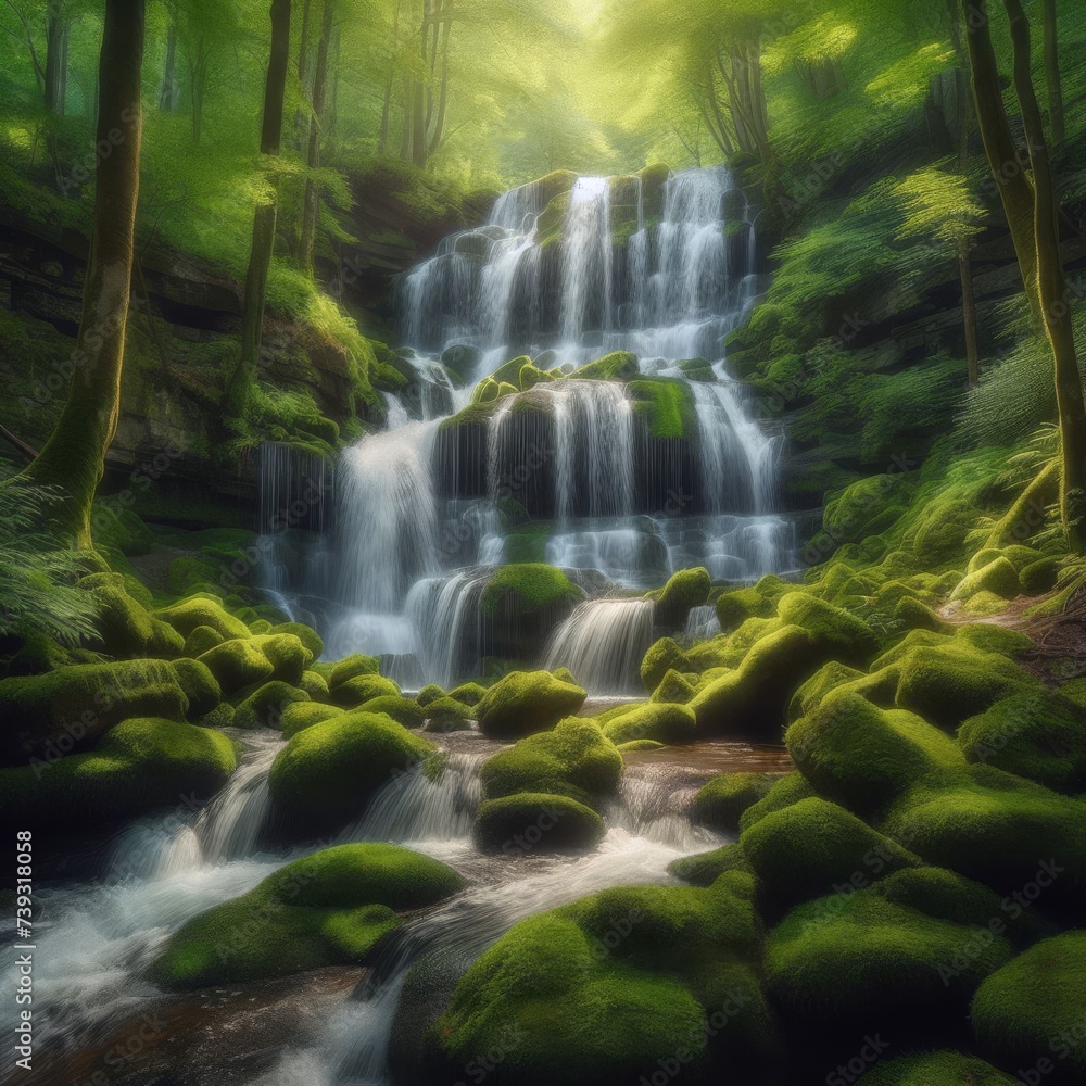 A waterfall cascading down moss-covered rocks in a tranquil woodland setting
