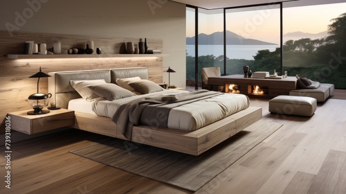 A tranquil modern bedroom, soft textures and a neutral color palette creating an atmosphere of seren © ProVector