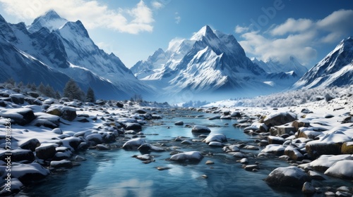 A remote mountain range in the heart of winter, the peaks covered in snow, the stark beauty of the l © ProVector