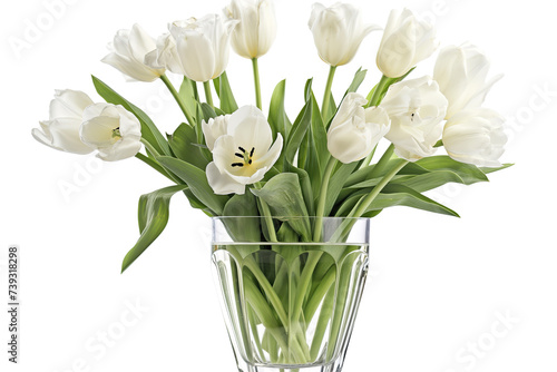 white tulips in a glass vase isolated on white background
