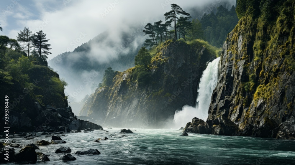 A majestic waterfall cascading down a rocky cliff, mist rising from the thunderous water, the surrou A majestic waterfall cascading down a rocky cliff, mist rising from the thunderous water, the surrou