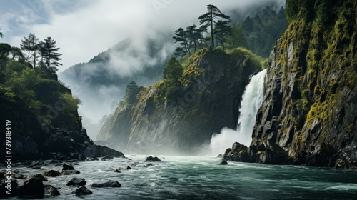 A majestic waterfall cascading down a rocky cliff, mist rising from the thunderous water, the surrou