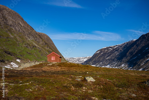 The snow capped Breiddalen Valley at Jotunheimen National Park in Norway,