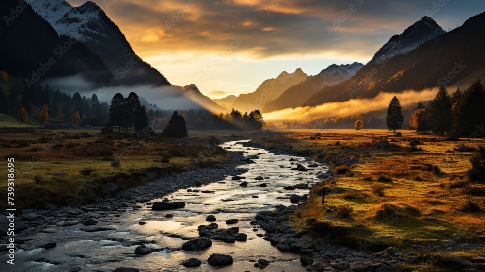 A serene mountain valley at dawn, mist rising from the meadows, rugged peaks in the background bathe - obrazy, fototapety, plakaty 