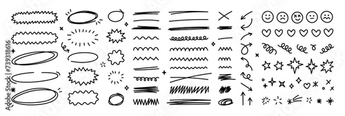 Scribble doodle underline emphasis line shape set. Hand drawn brush stroke elements. photo