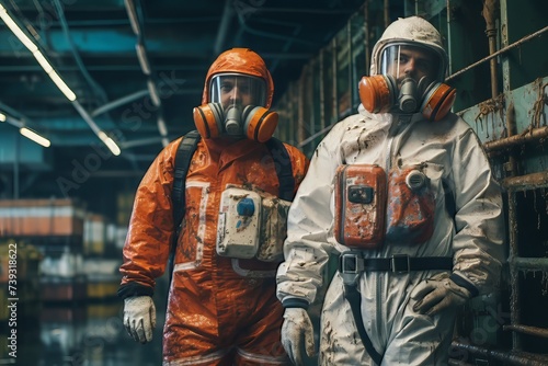 Two men in hazmat suits are standing in a dirty room photo