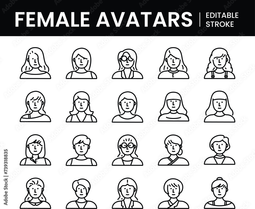 Female line icons, woman avatars. Outline symbols of females. muslim, nun, senior, adult and young women outline pictogram for user profile with Editable Stroke. Female line icons, woman avatars. Outline symbols of females. muslim, nun, senior, adult and young women outline pictogram for user profile with Editable Stroke.