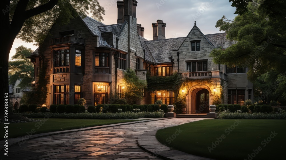 A historic manor house at dusk, the fading sunlight casting a golden hue over the stone façade, the