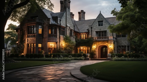 A historic manor house at dusk, the fading sunlight casting a golden hue over the stone façade, the