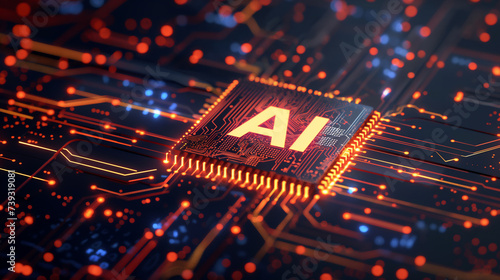 3D illustration of Ai artificial intelligence technology Chipset CPU or MCU on circuit board. Futuristic electronic and technology Concept. photo