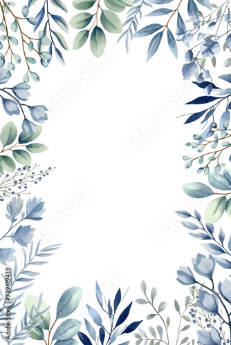 Botanical watercolor frame for wedding invitations  posters and cards. Watercolor plants template  blue pastel colors