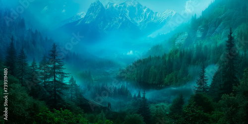 mystical mountain view with foggy forest