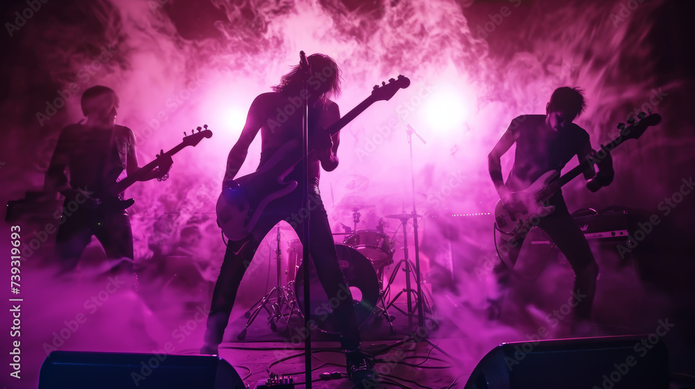 concert photo of rock band on stage, low-light ambiance - obrazy, fototapety, plakaty 