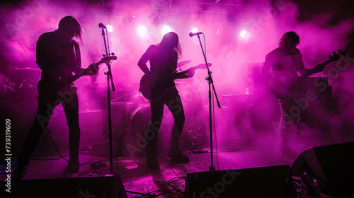 concert photo of rock band on stage, low-light ambiance