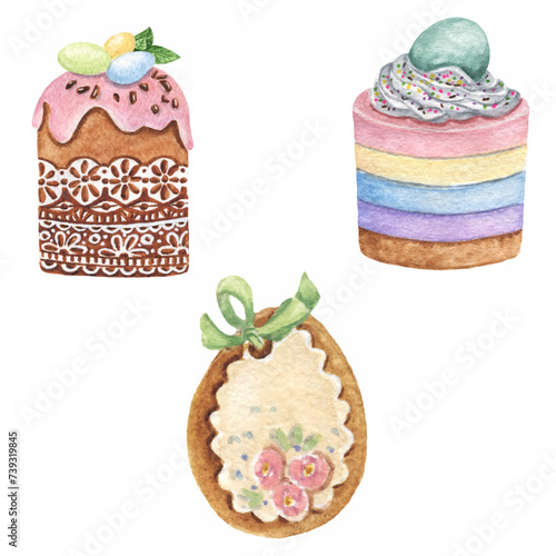 vector watercolor easter elements cute egg cookie and cakes