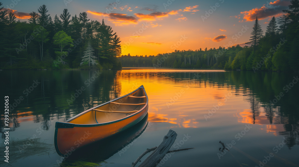 Obraz premium Beneath the mesmerizing canvas of a stunning sunset, a solitary canoe gently floats on the serene lake, its presence accentuated by the tranquil surroundings of the forested shores.