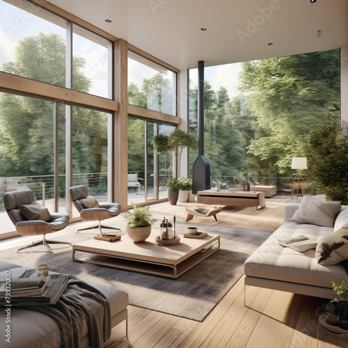 A modern and airy Scandinavian living room with floor-to-ceiling windows, creating a seamless connection between the indoor and outdoor spaces. © LOVE ALLAH LOVE