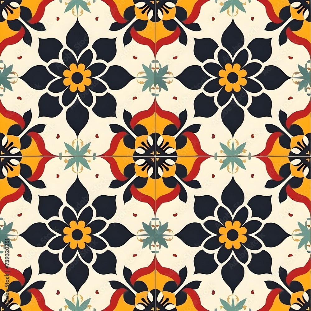 Spanish Cement Tile Style Background Design, Hand Edited Generative AI