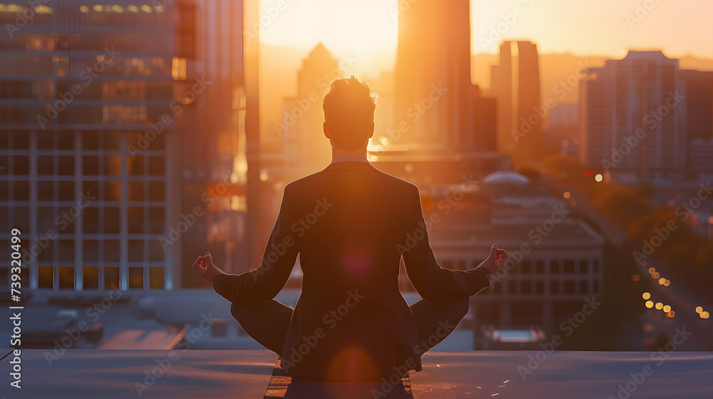 A businessman on a rooftop doing yoga at sunrise embracing wellness as a cornerstone of successful leadership. - obrazy, fototapety, plakaty 
