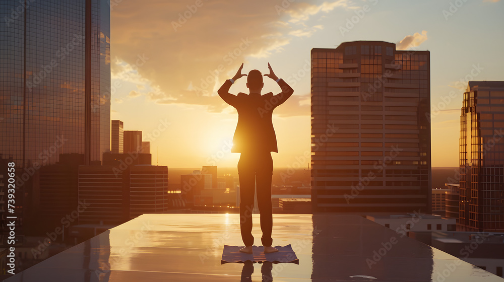 A businessman on a rooftop doing yoga at sunrise embracing wellness as a cornerstone of successful leadership. - obrazy, fototapety, plakaty 