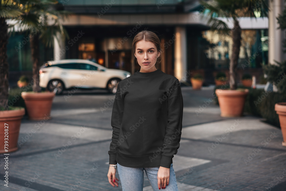 Woman blank sweatshirt mockup with model