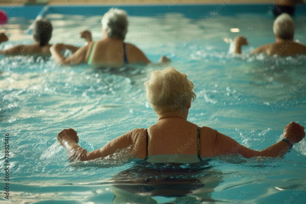 a group of older people are doing exercises in a swimming pool