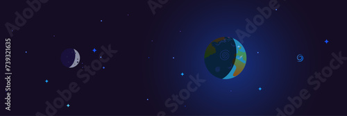 Earth and Moon system with stars. Astronomy and space vector illustration. photo