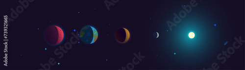 Solar system panoramic banner and poster with Mars, Earth, Venus, Mercury, Andromeda galaxy and stars. Space and astronomy vector illustration photo
