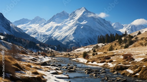 A remote mountain range in the heart of winter, the peaks covered in snow, the stark beauty of the l