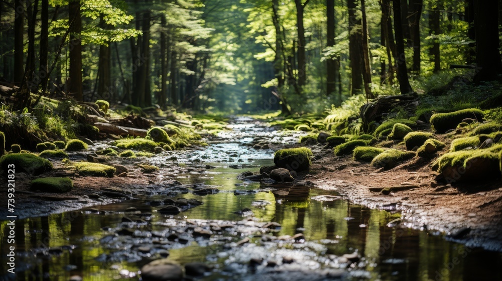 Obraz premium A tranquil forest path, sunlight filtering through the dense canopy, casting dappled shadows on the