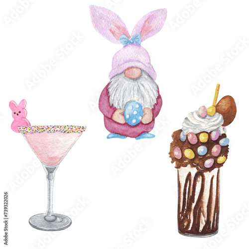 vector watercolor easter elements cute gnome cocktail and smoothie 