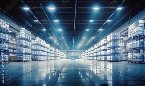 large warehouse with a bright blue ceiling and white shelve photo