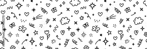 Cute kid scribble doodle icons seamless pattern. Flower star heart butterfly rainbow cloud.