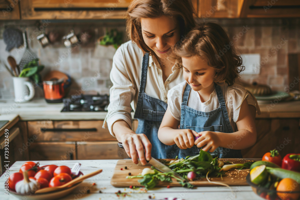 Loving Mother Teaching Little Daughter to Cook in Cozy Kitchen. Generative AI. Loving Mother Teaching Little Daughter to Cook in Cozy Kitchen. Generative AI.